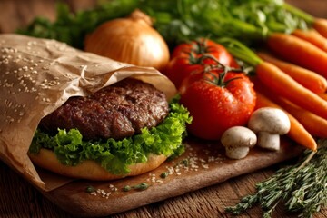 Aufkleber - Juicy hamburger with fresh vegetables on a wooden cutting board ready for a delicious meal