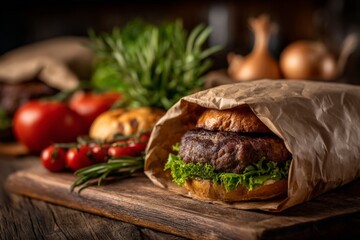 Aufkleber - Delicious gourmet hamburger wrapped in brown paper, surrounded by fresh vegetables on rustic wooden table