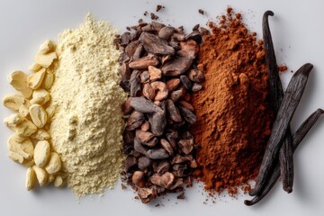 Aufkleber - Variety of chocolate ingredients arranged on a white surface showcasing cocoa powder, cacao nibs, and vanilla pods
