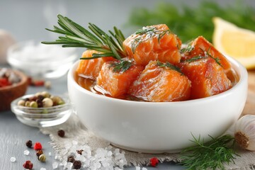 Aufkleber - Salmon marinated with herbs and spices in a white bowl ready for serving