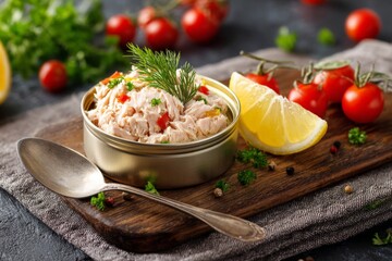 Poster - Delicious tuna salad served with tomatoes and lemon on a rustic wooden board for a fresh meal