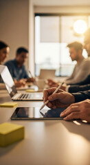 Poster - Close-up of hand using stylus on tablet, blurred colleagues in background, suggesting teamwork and digital collaboration in office setting