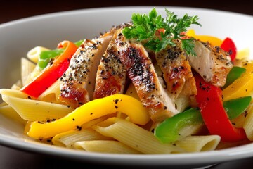 Aufkleber - Delicious pasta dish topped with grilled chicken and colorful bell peppers served on a white plate