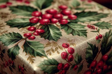 Poster - Gift wrapped in festive design featuring red berries and green leaves, highlighting the joy of the holiday season