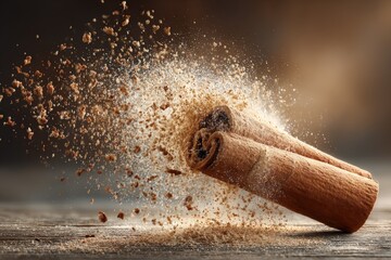 Aufkleber - Cinnamon sticks burst with aromatic spices creating a cloud of flavor in a cozy kitchen setting during a warm afternoon