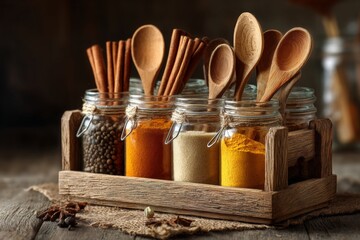 Aufkleber - Colorful spice jars and wooden spoons arranged on rustic table for culinary inspiration in warm light