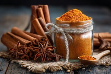 Aufkleber - Spices arranged in rustic style with vibrant turmeric and aromatic cinnamon sticks in a cozy kitchen setting