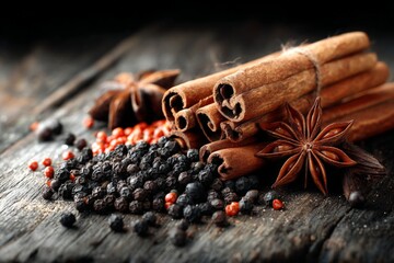 Aufkleber - Warm spices arranged on rustic wooden surface creating a cozy atmosphere for culinary inspiration