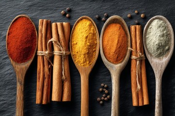 Aufkleber - Spices arranged in wooden spoons with cinnamon sticks on a dark kitchen surface