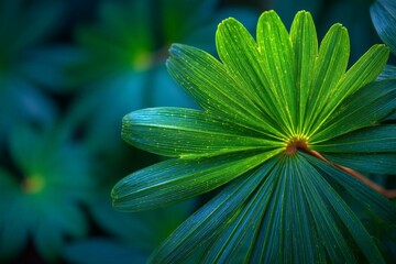 Aufkleber - Lush green leaves display intricate patterns in a serene garden setting during early morning light