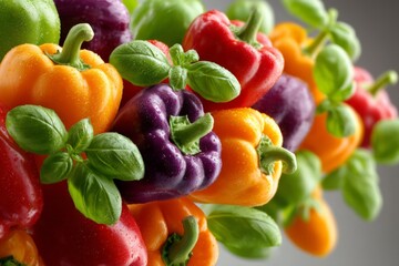 Aufkleber - Colorful bell peppers and fresh basil arranged beautifully in a vibrant display