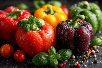 Aufkleber - Fresh colorful bell peppers with droplets on a stone surface, showcasing vibrant colors and cooking potential