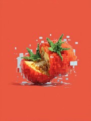 Poster - Realistic 3D Tomato Transformed Into Pixelated Blocks in a Vibrant Tech-Art Style, Showcasing Creativity and Digital Aesthetics