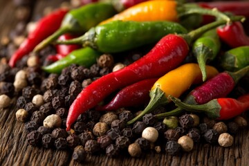 Aufkleber - Colorful variety of peppers and black peppercorns arranged on rustic wooden surface