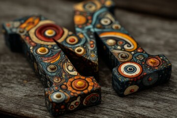 Leinwandbilder - Colorful decorative letters on a wooden surface showcasing intricate patterns and designs in natural light