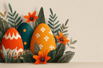 Poster - Colorful decorated eggs among vibrant flowers and greenery for a spring celebration in a cozy indoor setting