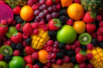 Poster - Fresh tropical fruits displayed in a vibrant assortment on a textured surface during daylight