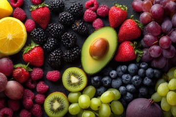 Poster - Fresh assortment of colorful fruits arranged on a dark surface for a vibrant and healthy display