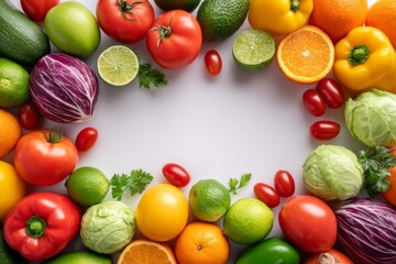 Poster - Colorful assortment of fresh vegetables and fruits arranged on a white surface for healthy cooking and meal preparation