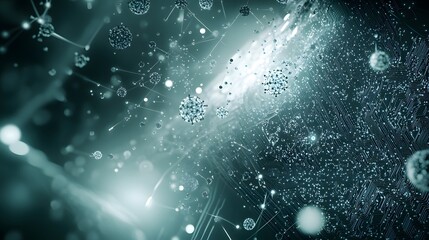 Poster - Abstract digital illustration of interconnected particles and circuits.