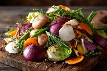 Aufkleber - Colorful assortment of fresh vegetables and herbs ready for cooking on a wooden cutting board
