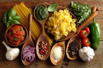 Aufkleber - Colorful ingredients arranged on a rustic wooden surface for a delicious pasta dish preparation