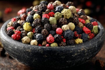 Aufkleber - Colorful assortment of peppercorns in a rustic bowl on a wooden surface