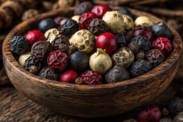 Aufkleber - Variety of colorful peppercorns arranged in a wooden bowl on a rustic table