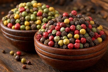 Aufkleber - Colorful assortment of peppercorns displayed in wooden bowls on a rustic table