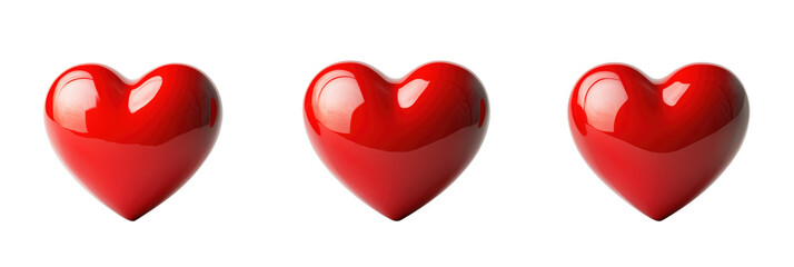 Poster - Three glossy red hearts in a row on white background for love and affection themes, isolated on transparent background