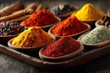 Aufkleber - Vibrant assortment of spices displayed in wooden bowls on a rustic table
