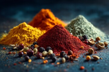 Aufkleber - Colorful spices arranged in piles on a dark surface highlighting the rich variety of flavors and aromas