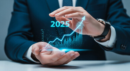 Poster - Businessman's hands cradling upward trending graph for 2025, symbolizing growth, progress, and future success in business planning and strategy