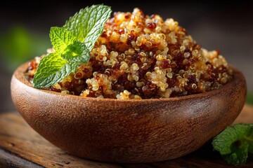 Aufkleber - Delicious bowl of golden quinoa topped with fresh mint leaves in a rustic wooden setting