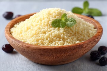 Aufkleber - Couscous served in a wooden bowl with mint leaves and dried fruits on a light background