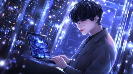 Poster - A young person works on a laptop in a futuristic setting.