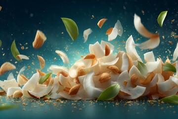 Aufkleber - Coconut flakes and almonds scatter beautifully with green leaves in a vibrant setting
