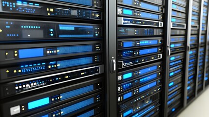 Poster - Close-up view of server racks with illuminated components.