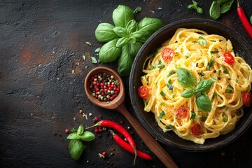 Aufkleber - Homemade pasta dish with fresh tomatoes and basil on a rustic table with spices