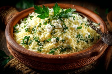 Aufkleber - Delicious couscous dish garnished with fresh herbs and cheese served in a rustic bowl
