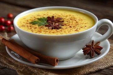 Aufkleber - Delicious bowl of creamy soup garnished with spices served on a rustic wooden table