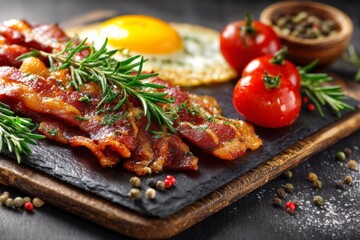 Aufkleber - Delicious breakfast platter with crispy bacon, fried egg, and fresh tomatoes on a dark wooden background