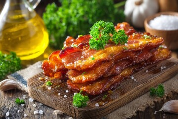 Aufkleber - Crispy bacon slices garnished with fresh herbs on a wooden board, with olive oil and garlic in the background
