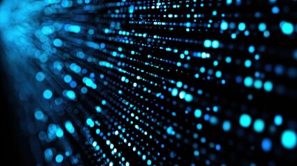 Fototapete - Blurred blue light dots run into distance on black background. Use as tech wallpaper, futuristic design, or data visualization.