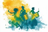 Watercolor-style image of three people dancing and playing drums in green, yellow, and blue tones, symbolizing Brazil Independence Day and vibrant cultural expression