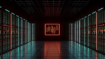 Poster - Neon-lit server room interior with glowing data visualizations.