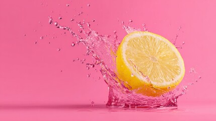 Poster - Lemon Slice Splashing Into Water Creating Dynamic Effects on Bright Pink Background