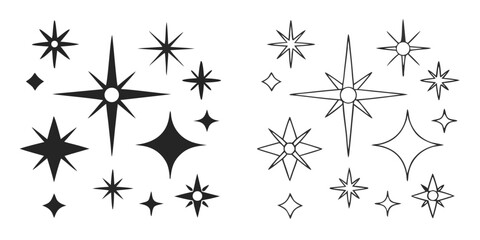 Fototapete - Collection of stylized starbursts and sparkles in various sizes and styles on a black background