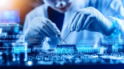 Poster - A person in protective gloves carefully works on a circuit board.