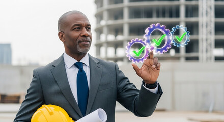 Poster - African-American businessman in suit interacts with digital gears and checkmarks, suggesting project management or successful completion, showcasing efficiency and progress
